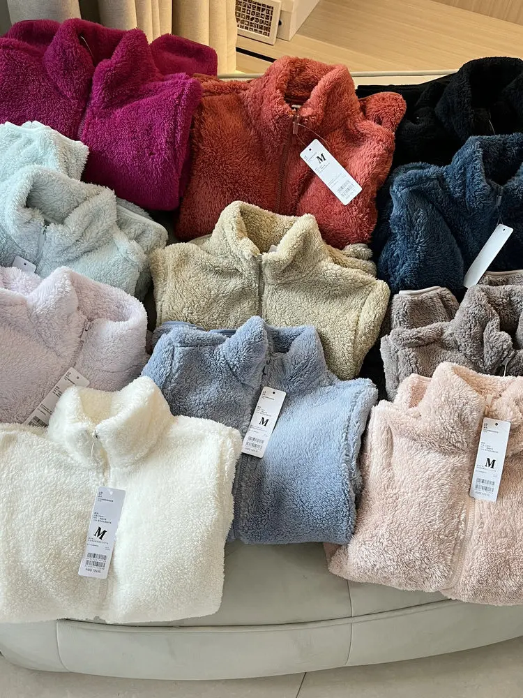 

Женское длинное ворсовое пальто Fce Jaet с воротником-стойкой, теплая верхняя одежда, модное универсальное осенне-зимнее пальто, обычное пальто на молнии...