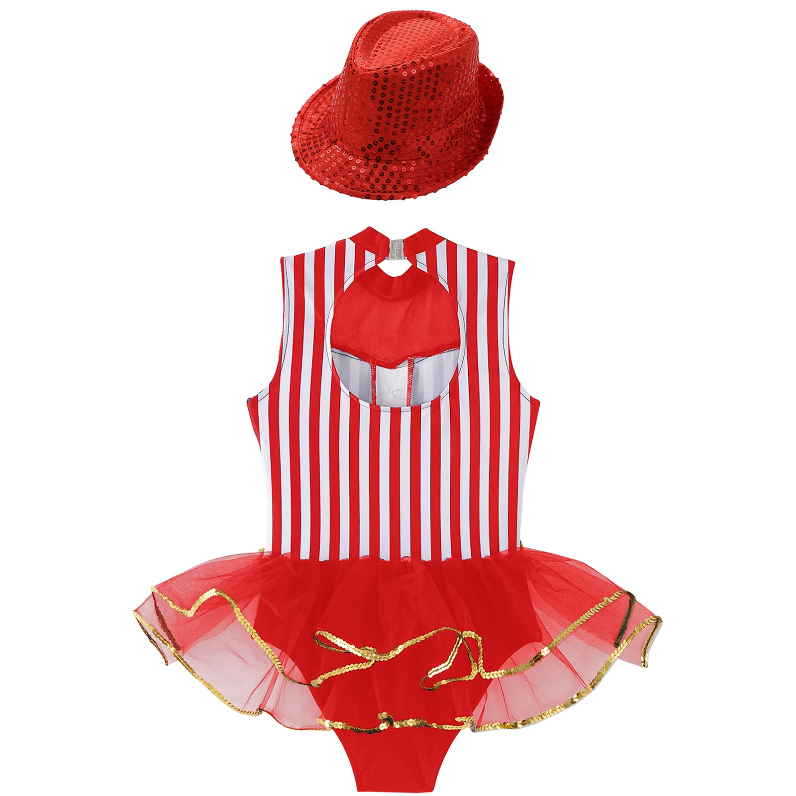 Girls Circus Ringmaster Costume Children Ballet Dance Leotard Striped Mesh Ruffled BodysuitJumpsuit Gymnastics Skating Outfit