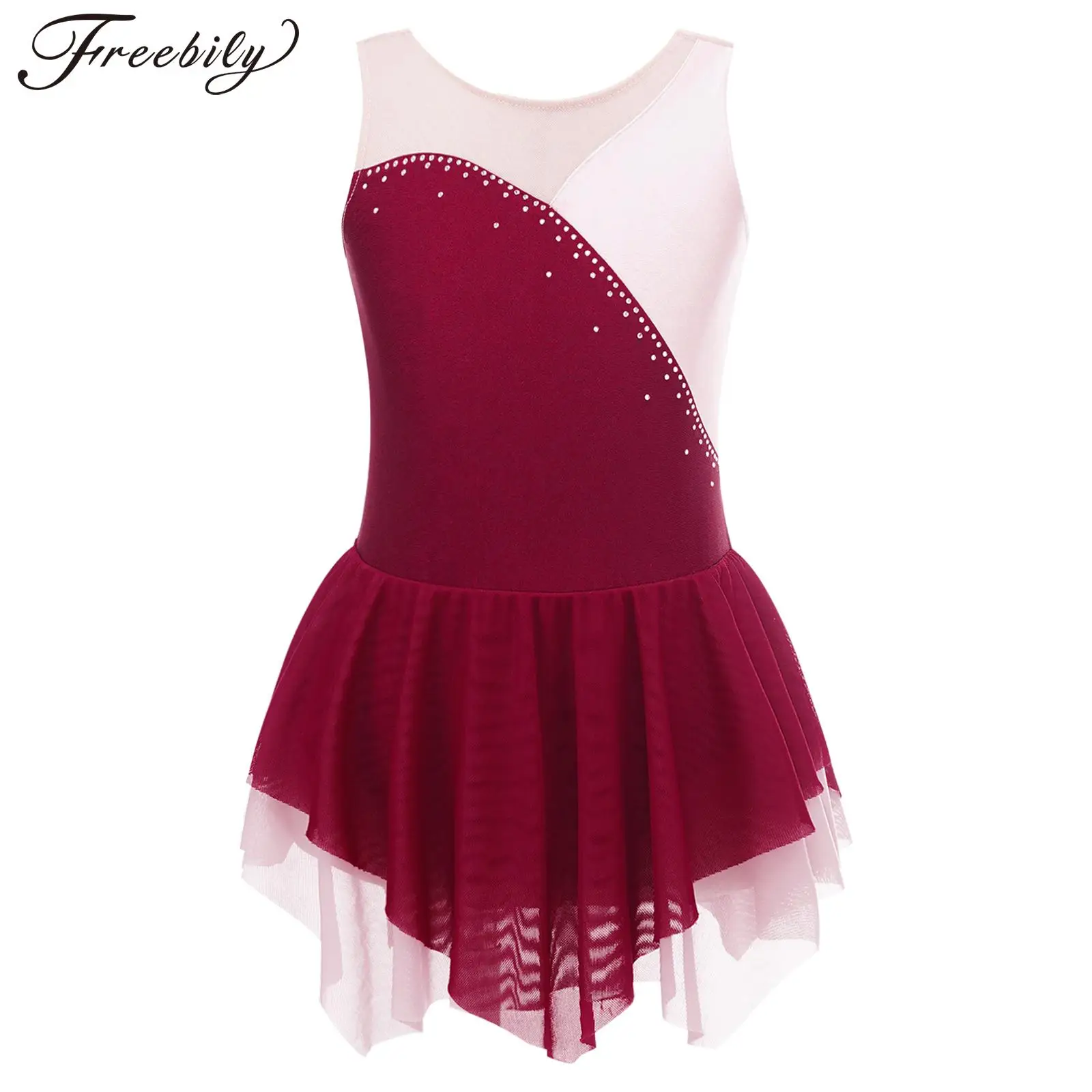 

Детское танцевальное платье без рукавов с блестящими сетчатыми вставками