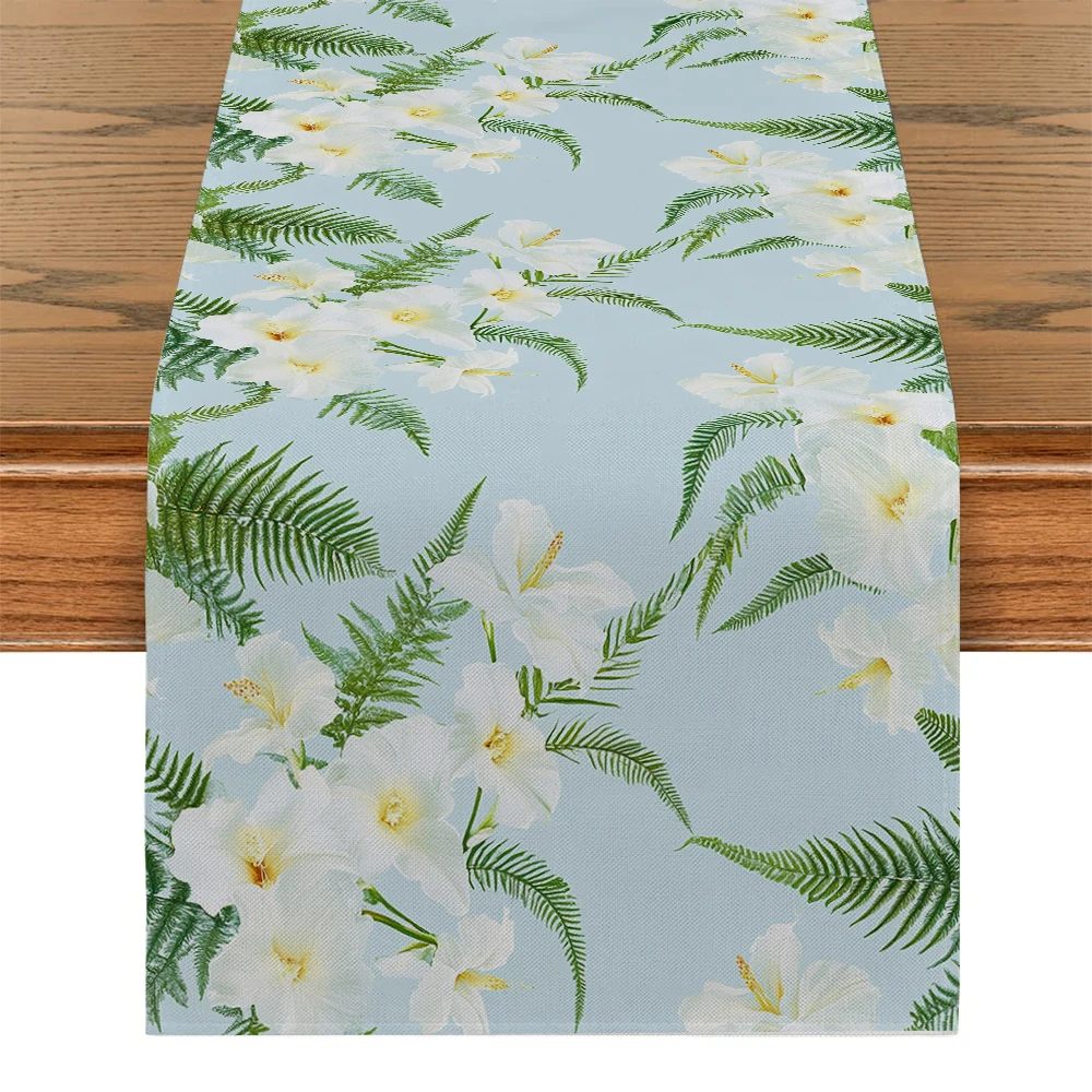 Hibiscus Flower Fern Flower Tropical Plant Table Runner Farmhouse Dining Table Runners Wedding Party Table Decoration