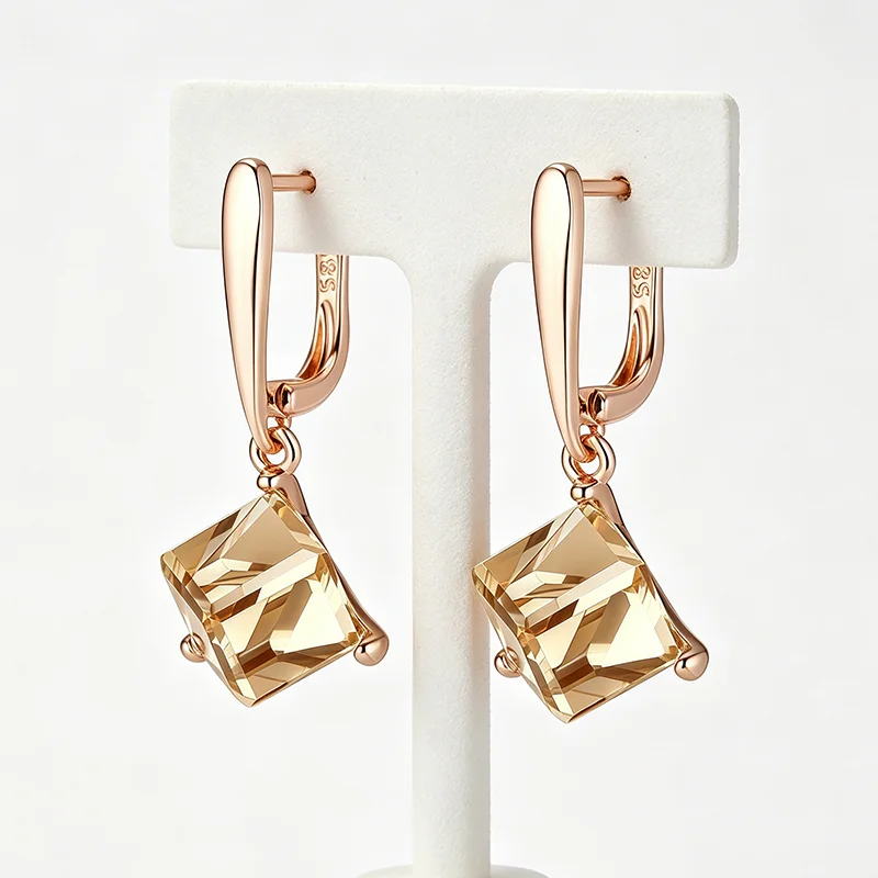 Wbmqda Einzigartige hellbraune Würfelstein-Ohrringe für Damen, 585er Roségold, modischer Urlaubsschmuck, Accessoires