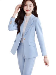 Fashion Women Pant Suit Blazer Female Office Ladies Business Work Wear Jacket and Trouser Navy Blue Apricot Formal 2 Piece Set