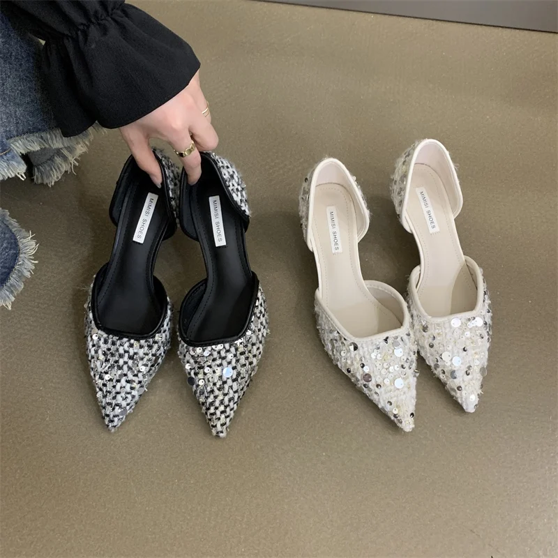 Pointed Toe Fashion Shoes 2024 Women Mid Heels Party Shoes Shallow Sexy Sandals New Elegant Mujer Stilettos Zapatos