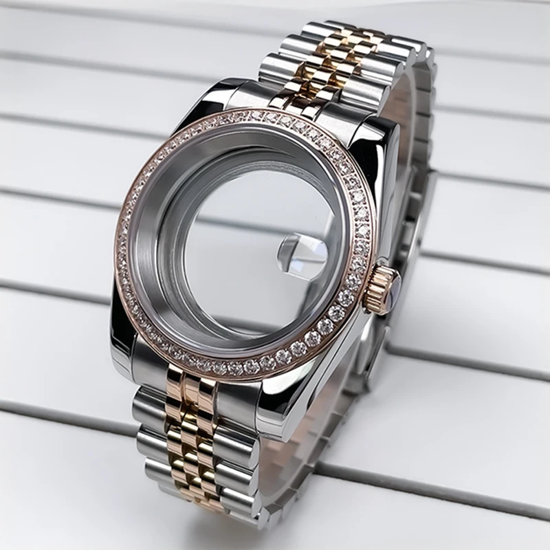 36mm/39mm NH35 Case 2T Rose Gold DJ President Jubile Strap Diamond Bezel Sapphire Glass Mod For NH35 NH36 Movement Watch Case