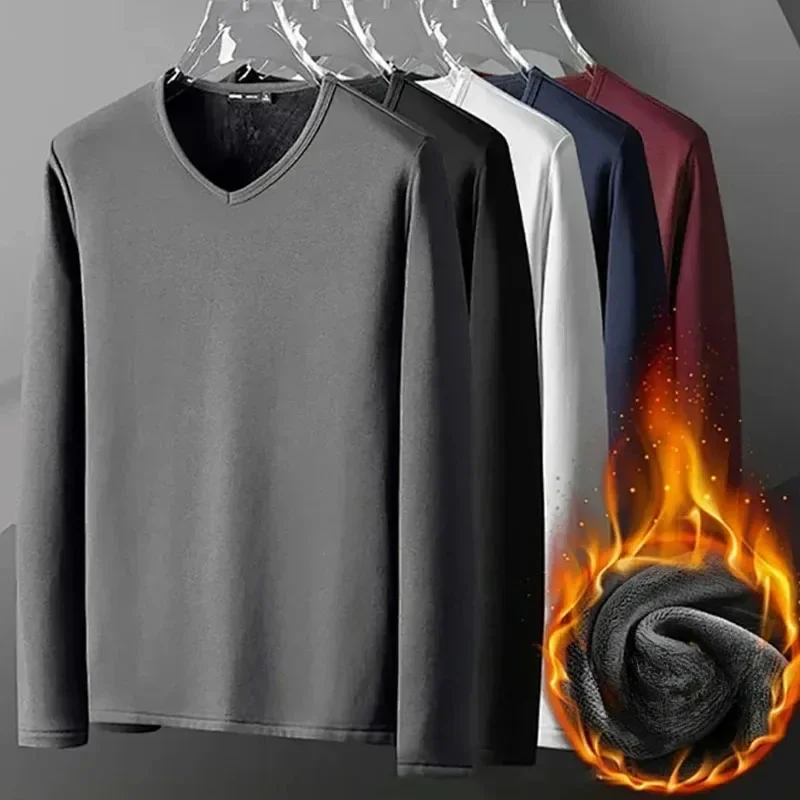 

Men's Plush Thermal Long Sleeved T-Shirt Bottoming Shirt Round Neck Shirt Fashion Plus Velvet Padded T-shirt
