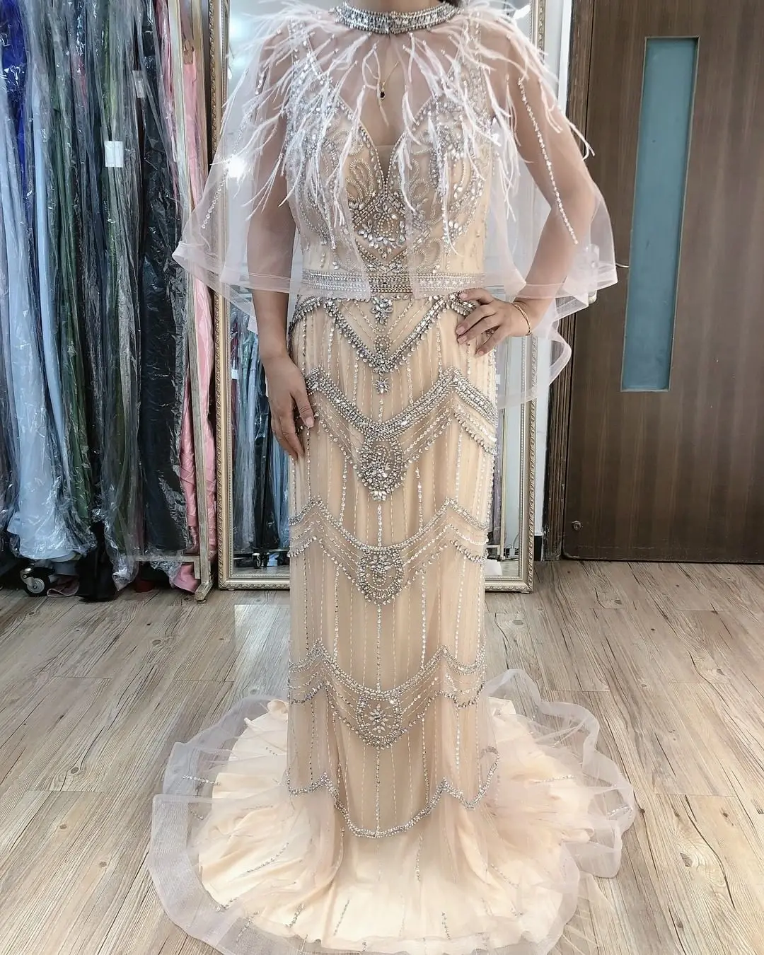 Luxury Handmade Beaded with Crystals Prom Dress Two Piece Cape Feathers Mermaid Evening Gown Dubai Arabic Party Formal Dress