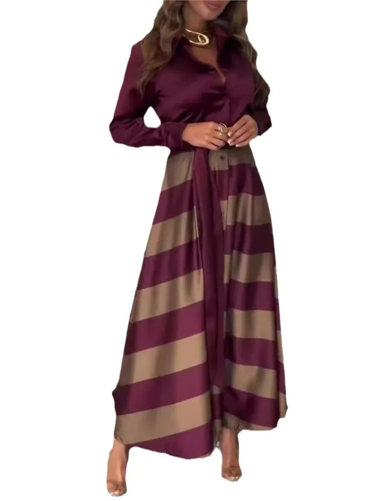 Vestido largo de satén a la moda para mujer, vestido informal de manga larga con cordones y cuello vuelto, vestido estampado con patrón Vintage para primavera y otoño