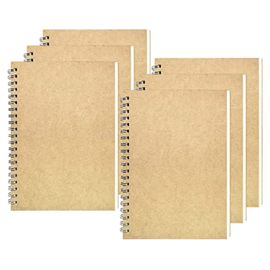 

Blank Spiral Notebook, 6-Pack, Soft Cover, Sketch Book, 100 Pages/ 50 Sheets, 7.5 inch x 5.1 inch, 100GSM, Brown