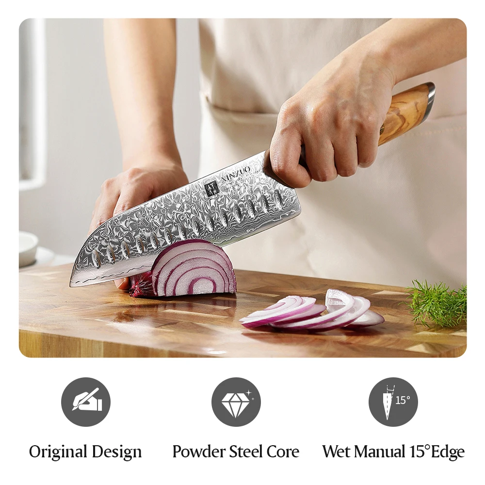 XINZUO 7\'\' in Santoku Knife Powder Steel Core 73 Layers Damascus Stainless Steel Olive Wood Handle with Handmade Box Packaging