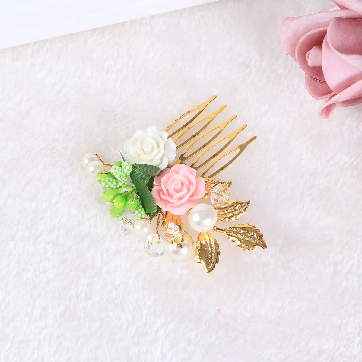 

Beaded Flower Hair Comb Wedding Bride Small Fresh Special Occasion Elegant Side Comb for Women Party Dance Accessory Decorative