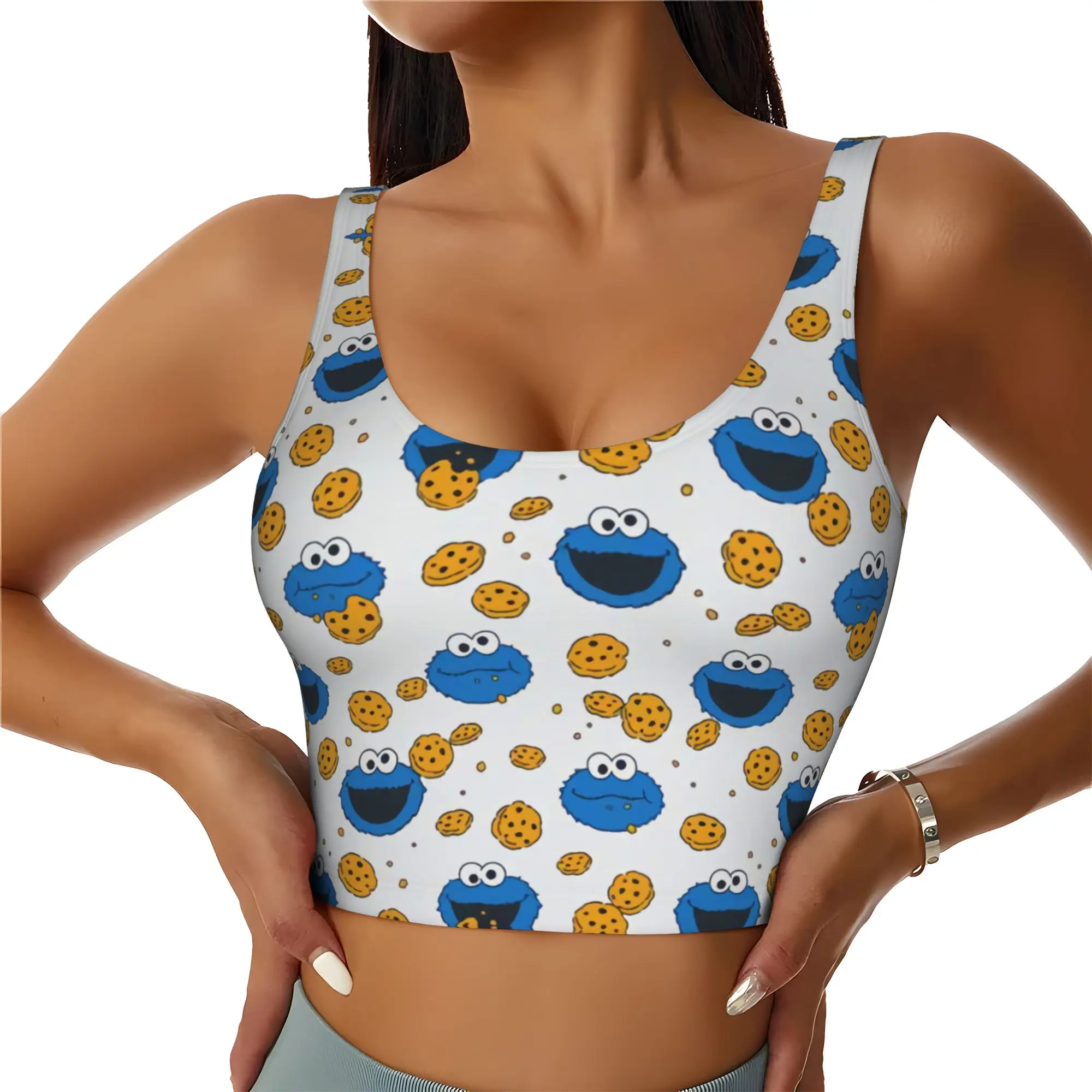 Custom Cookies Anime Monsters Sports Bra for Women Elmo Cartoon High Impact Workout Yoga Crop Top