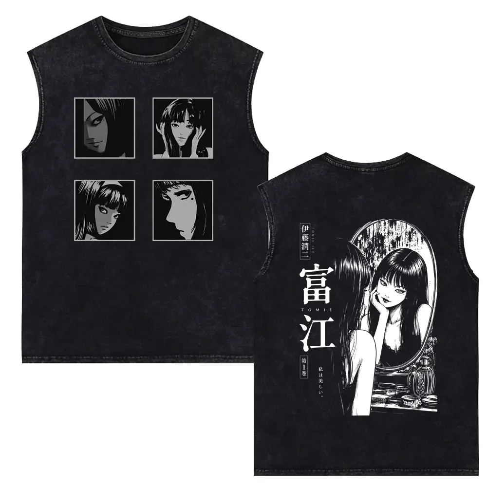 Anime Tomie Junji Ito Washed Tank Tops Men Women Vintage Manga Horror Gothic Sleeveless Vest T-shirt Man Casual 100% Cotton Tees