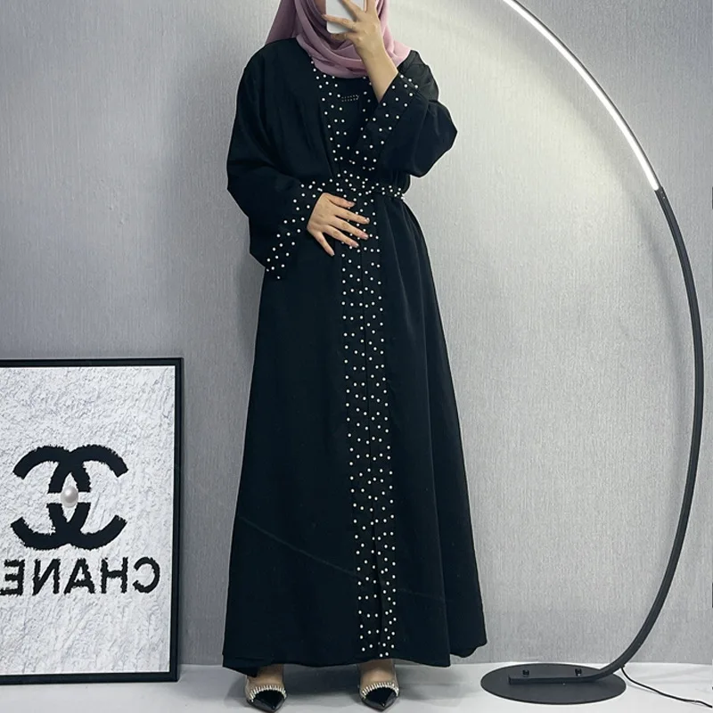 Women Eid Muslim Dubai Beading Abayas Kaftan Vestidos Arab Loose Long Robe Modest Belt Pearl Abaya Ramadan Morocco Cardigan