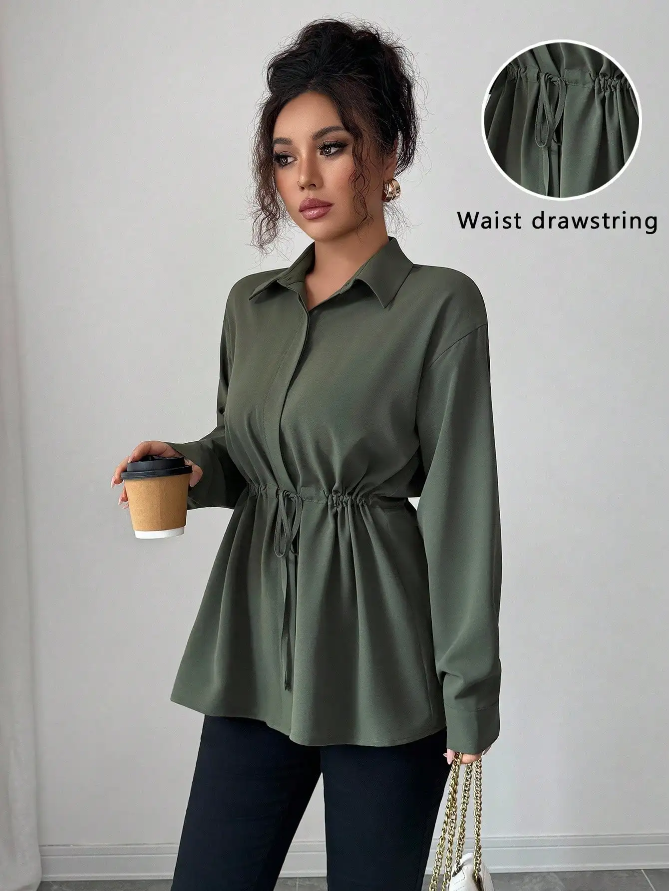 Women Fall Winter Elegant Olive Green Utility Shirt Collar Long Sleeve Drawstring Waist Bowknot French Commute Office Ladies
