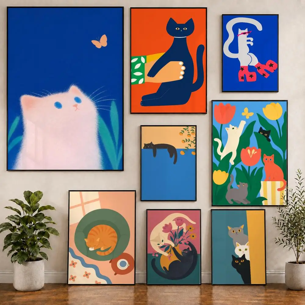 Bunte, skurrile Katzen, modernes ästhetisches Poster, PVC HD, selbstklebend, modernes Poster, Wanddekoration für Zuhause, Büro, Wohnzimmer, Esszimmer