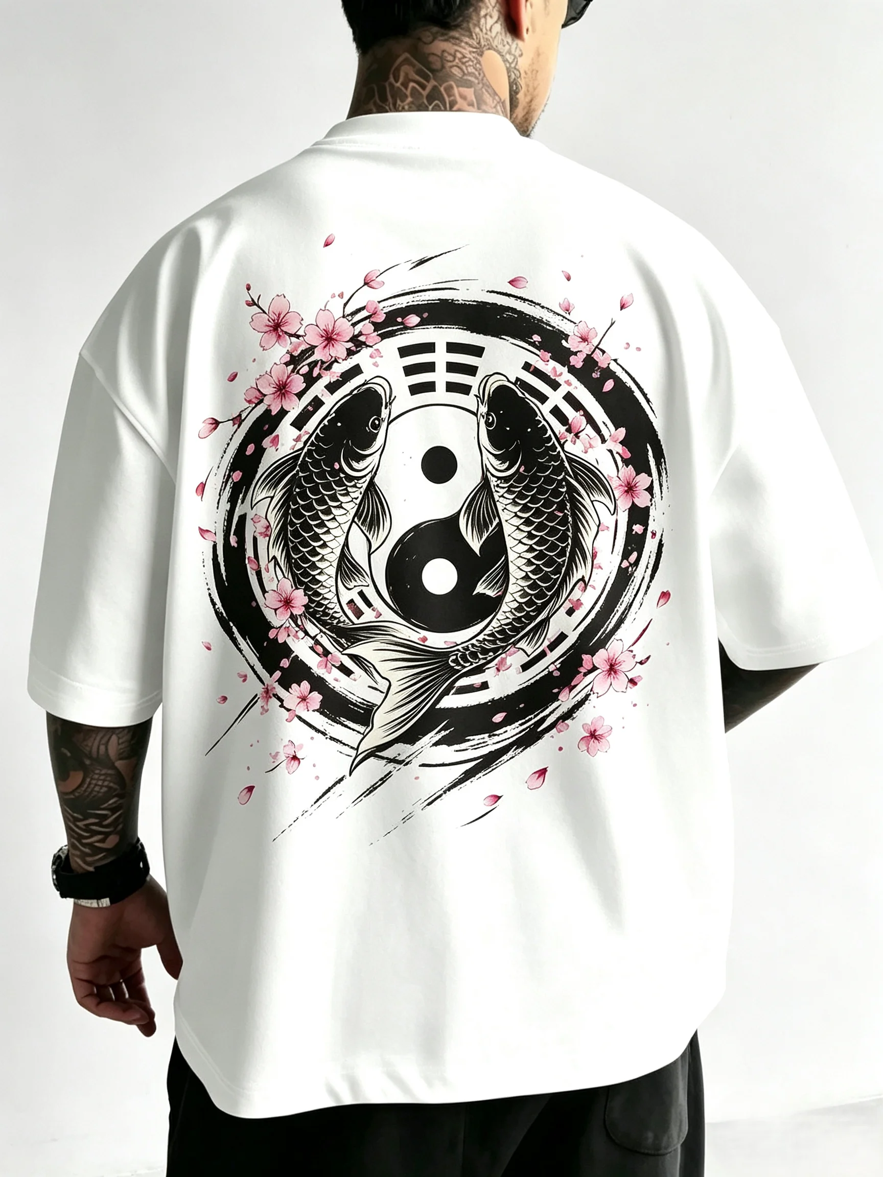 Unisex Oversized T‑Shirt Japanese Yin Yang Bagua Dual Koi Fish Sakura Cherry Blossom Ink Back Print Men Women Hip Hop Streetwear Short Sleeve Tee