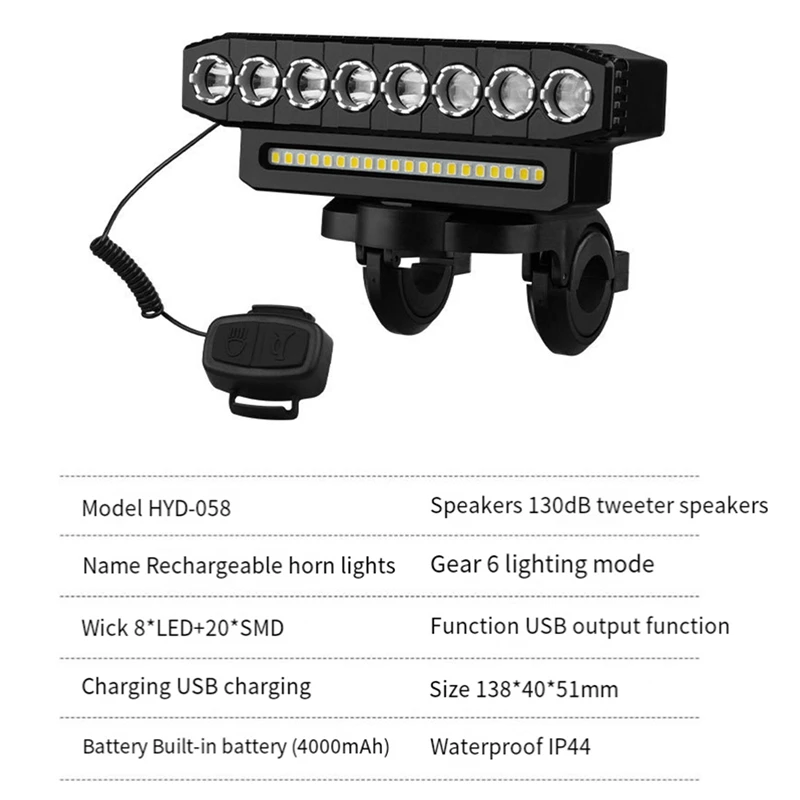 A57T LED Bike Headlight LED Light Bar with 130DB Bell Bicycle Front Light Power Bank USB Charging Bicycle Accessories,Style 1