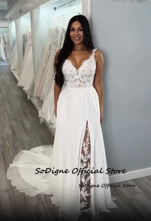    ชุดแต่งงานทรงเอไลน์แบบไม่มีแขน คอวี ประดับลูกไม้ ชุดเจ้าสาวแบบยาว ชุดเจ้าสาว สามารถสั่งตัดได้