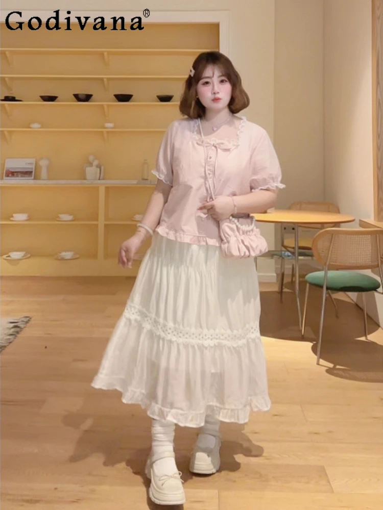 

Japanese Sweet Large Size L-4XL Girl Summer Temperament Square Neck Bow Lace Top High Waist Ruffles Versatile Long Cake Skirt