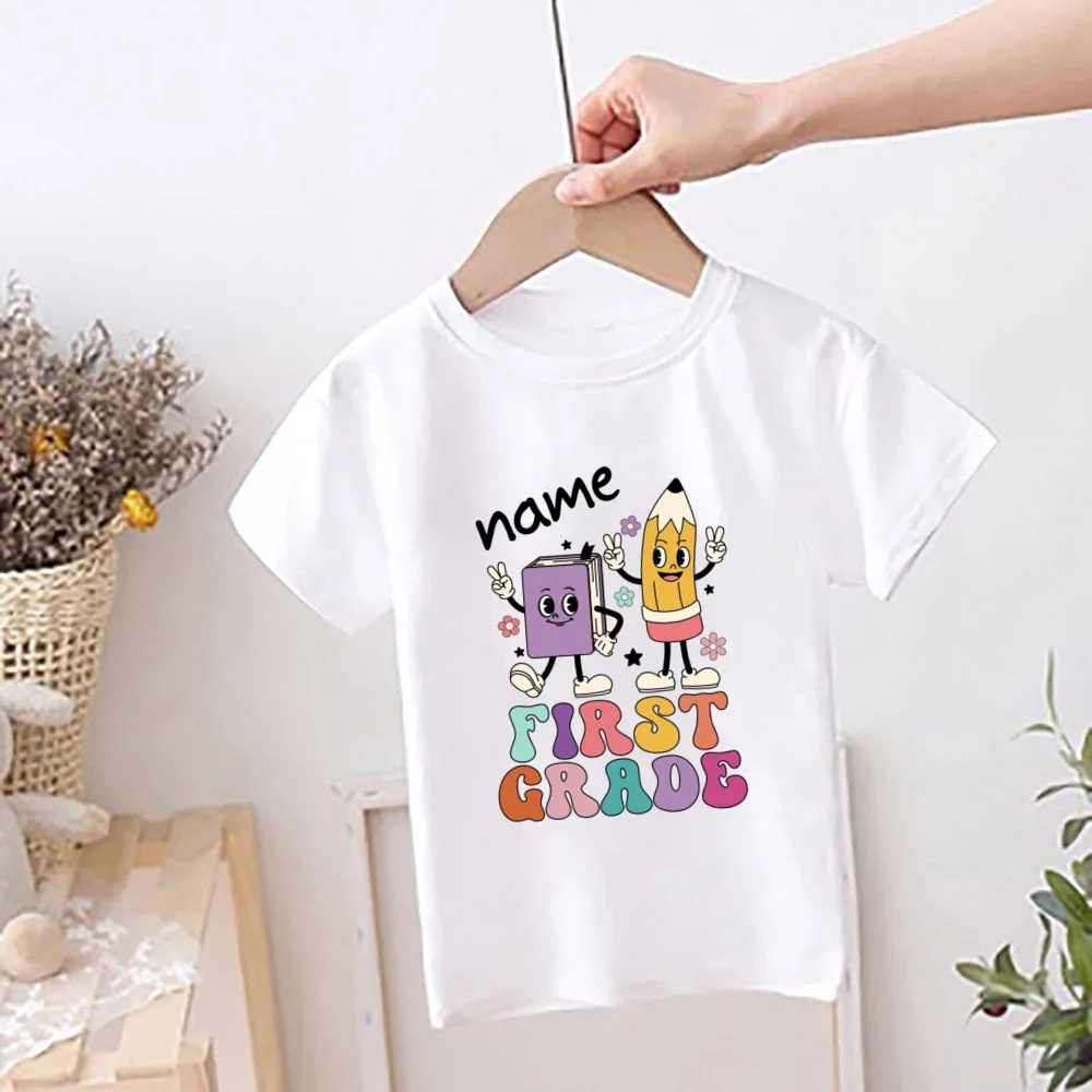 Hello First Grade Printed Shirt Personalized Child Back To School T-shirt Custom Name Kids First Day of School Outfit Summer Tee