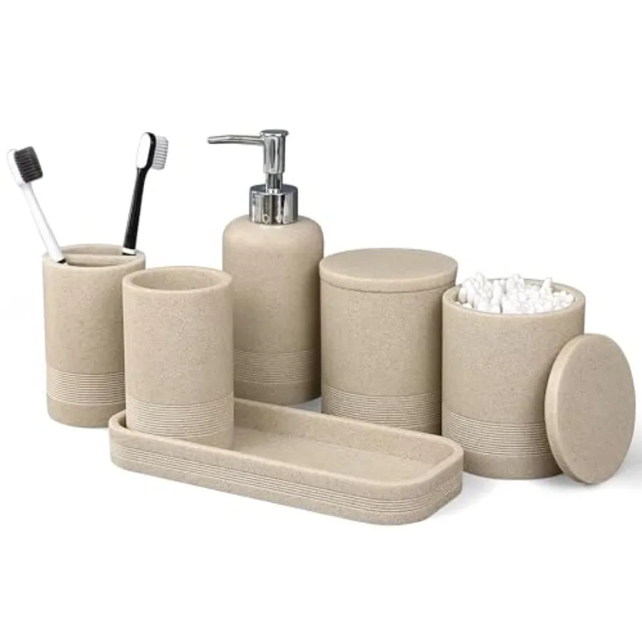 

6-Piece Bathroom Accessories Set Bathroom Accessory Set with Soap Dispenser Toothbrush Holder Set Vanity Tray Tumbler and 2 Cot