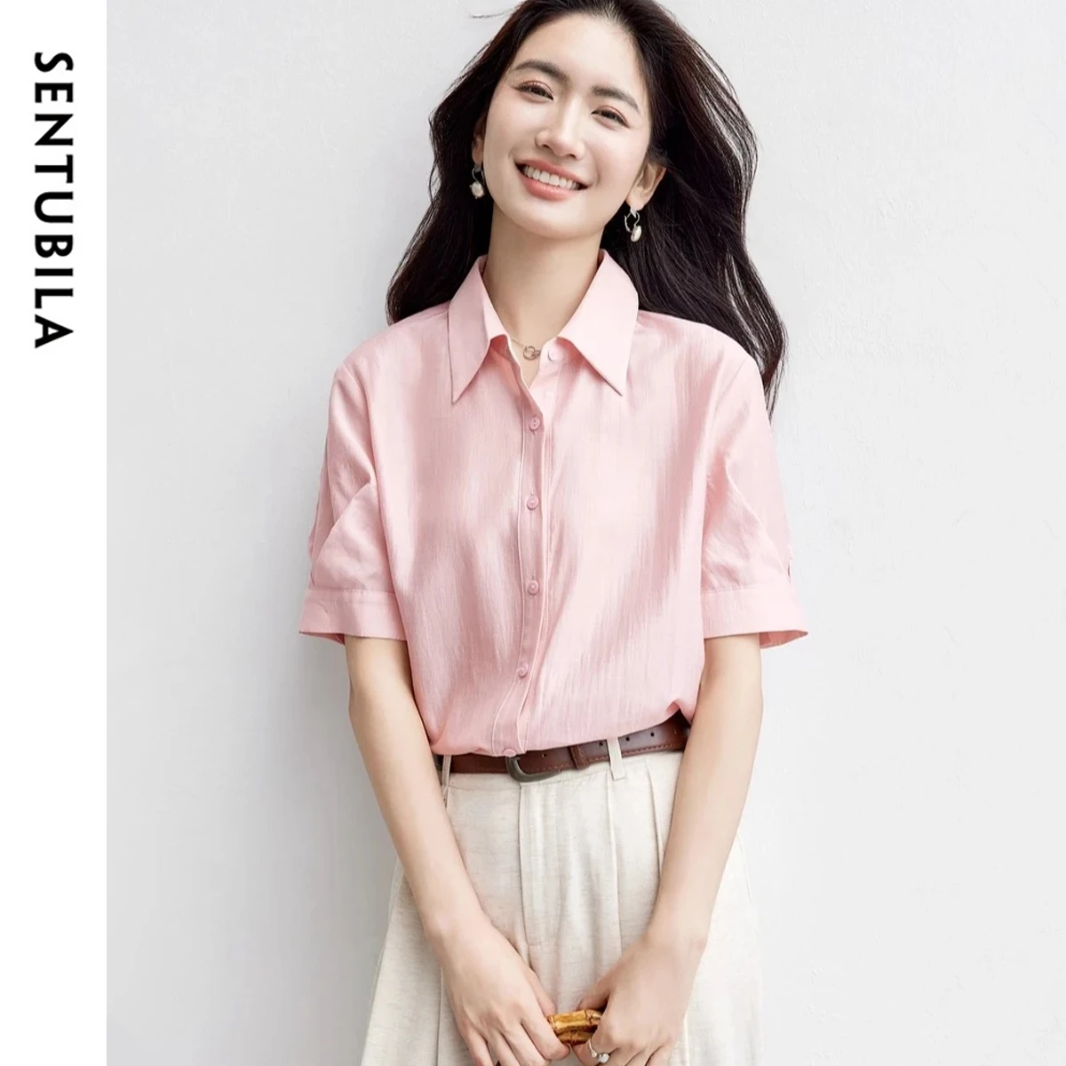 SENTUBILA Lyocell Silk Women's Commuter Shirt 2025 Summer Pleated Lapel Short Sleeve Loose Breathable Top 152C80560