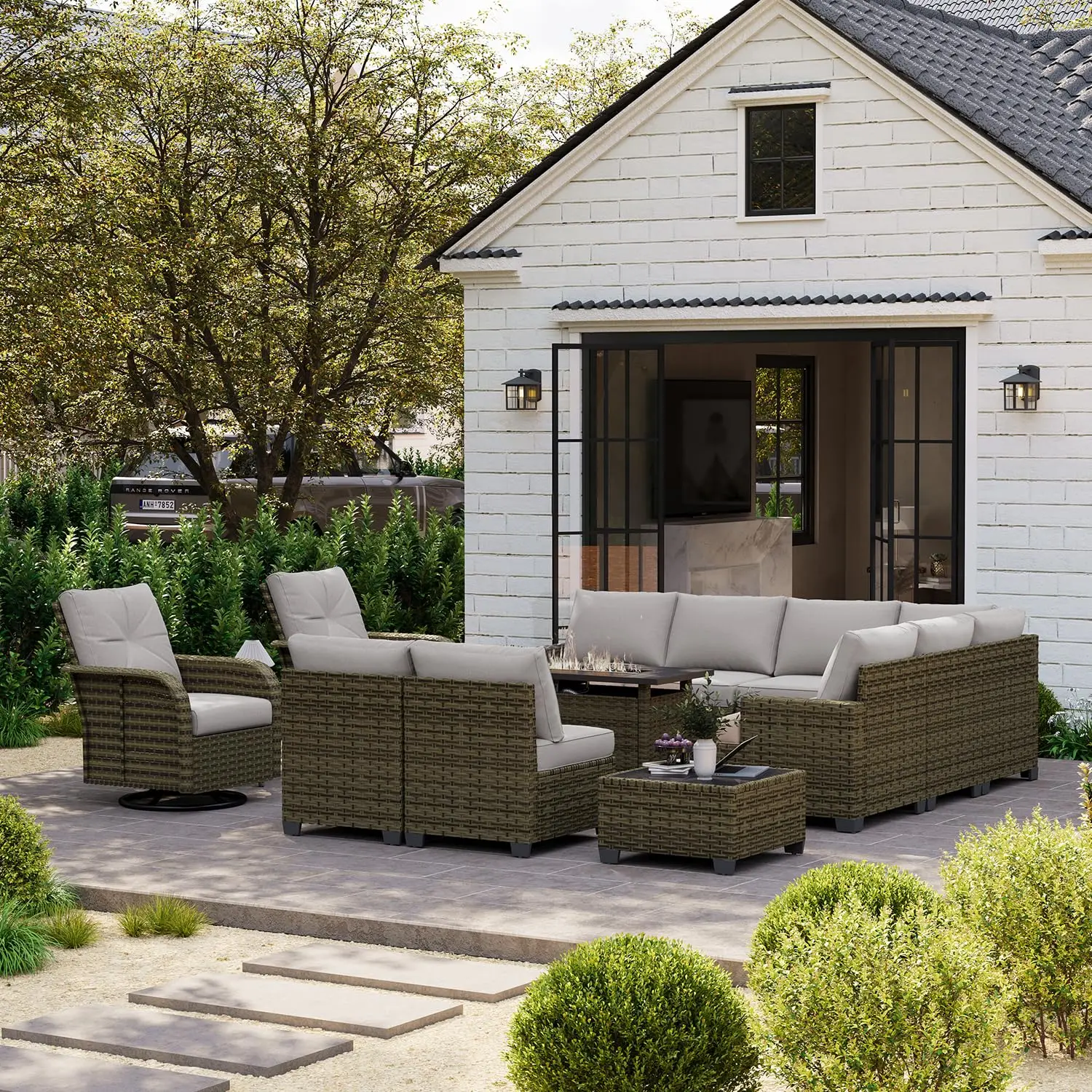 13 Piece Patio Furniture Set with Fire Pit Table & Grey Cushions, Customized