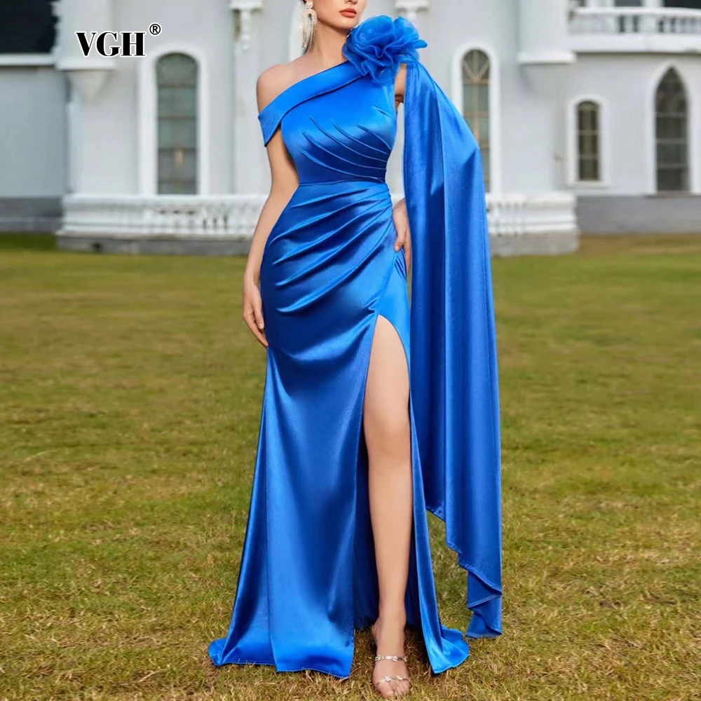 

VGH Solid Spliced Appliques Dress for Women Diagonal Collar Sleeveless High Waist Split Patchwork Ribbon Evening Dresses Female