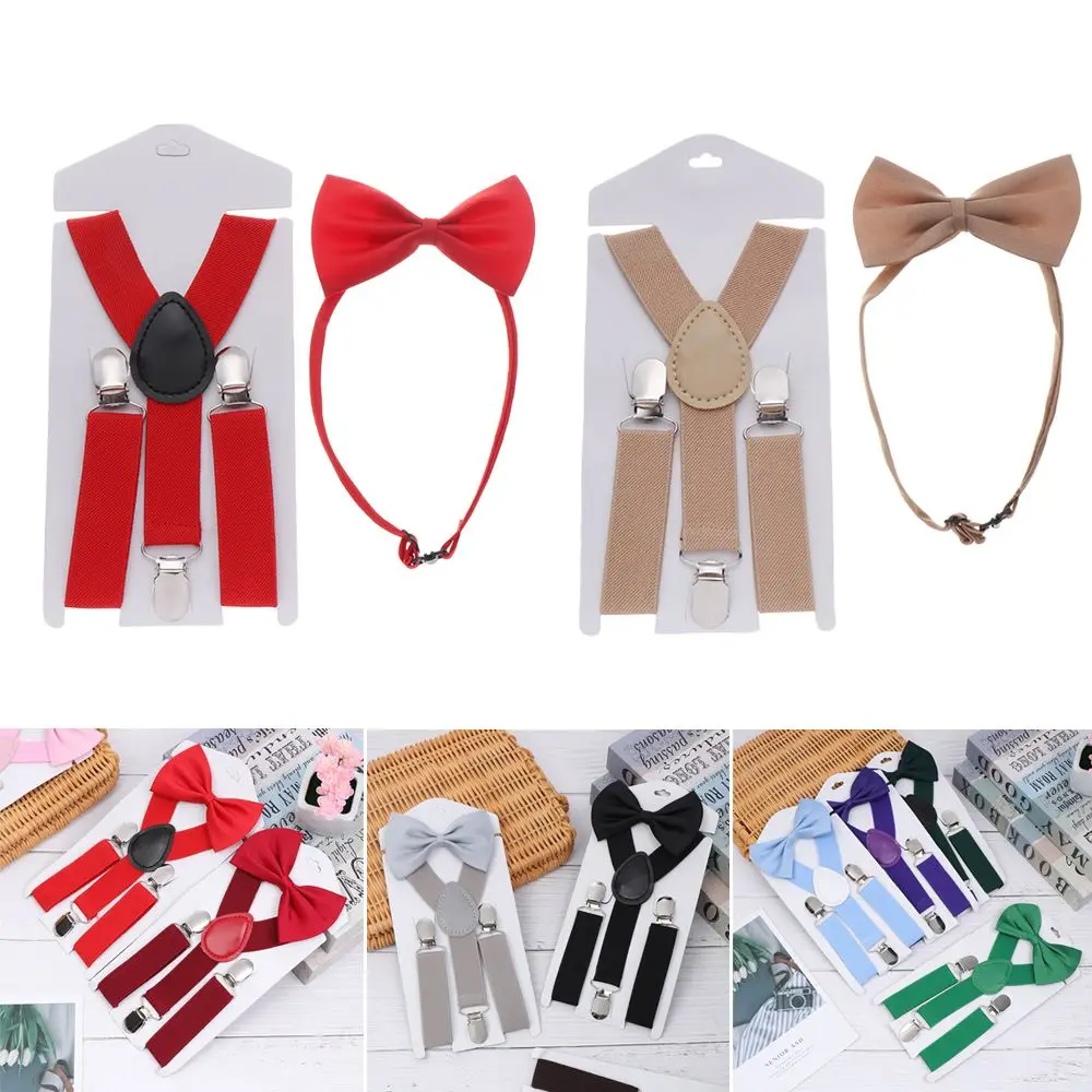 Hair Bow Set Solid Color Children Wedding Dress Clip-on Adjustable Cow Tie Belts Elastic Braces Kids Suspenders Printed Bow Tie