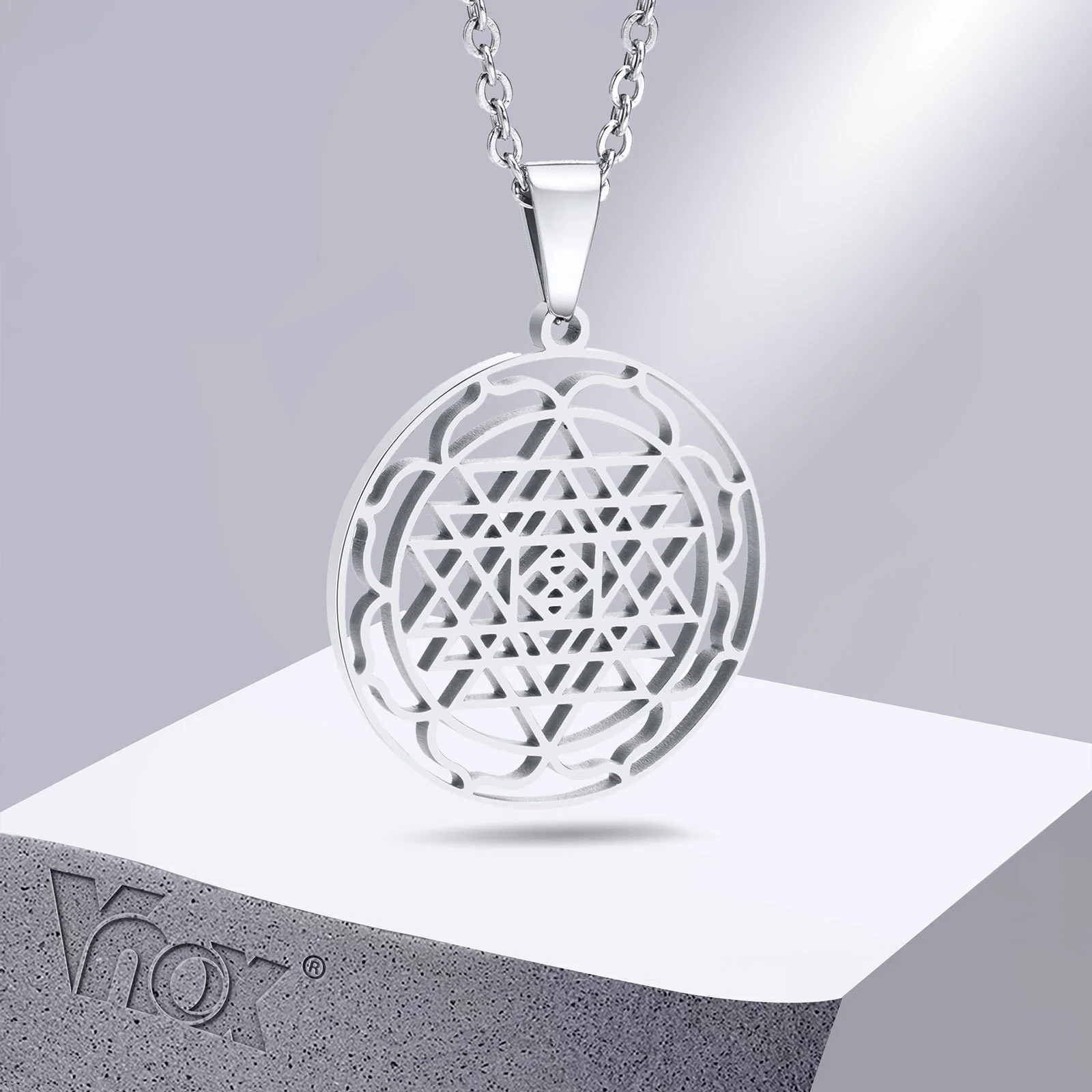 Vnox Men Vintage Hinduism Symbol Sri Yantra Chakra Amulet Talisman Pendant Necklace,Stainless Steel Meditation Geometric Jewelry