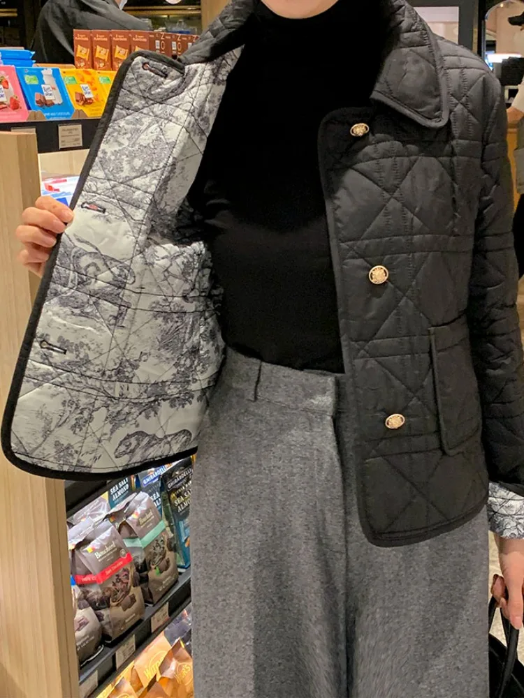 

Надежная хлопковая стеганая верхняя одежда с лацканами в стиле ретро, женский шикарный осенне-зимний высококачественный топ с ромбовидным узором