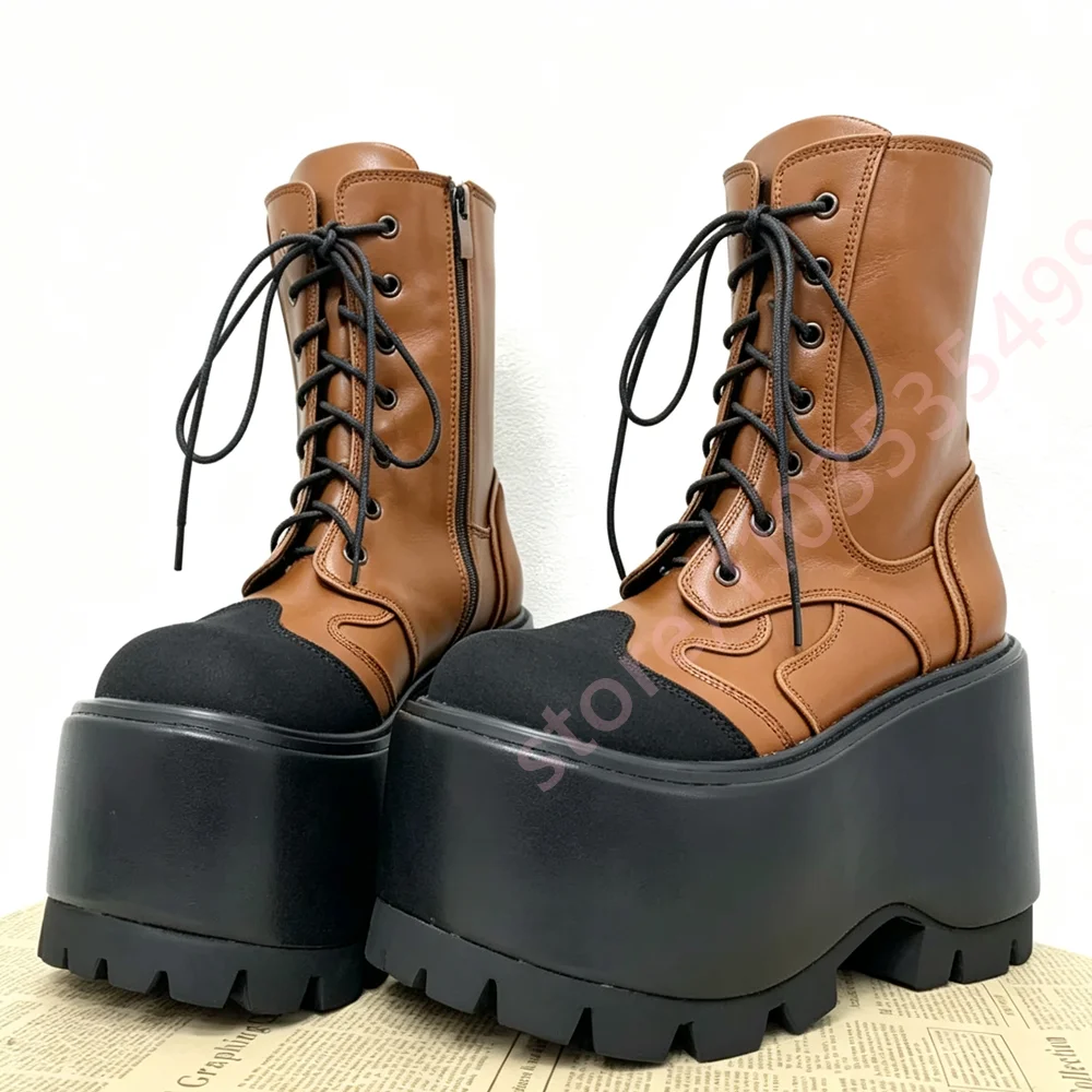 2026 Platform Mid Calf Boots Lace Up Side Zipper Round Toe Thick Lug Sole Goth Punk Streetwear Fashion Chunky High Heel Boots