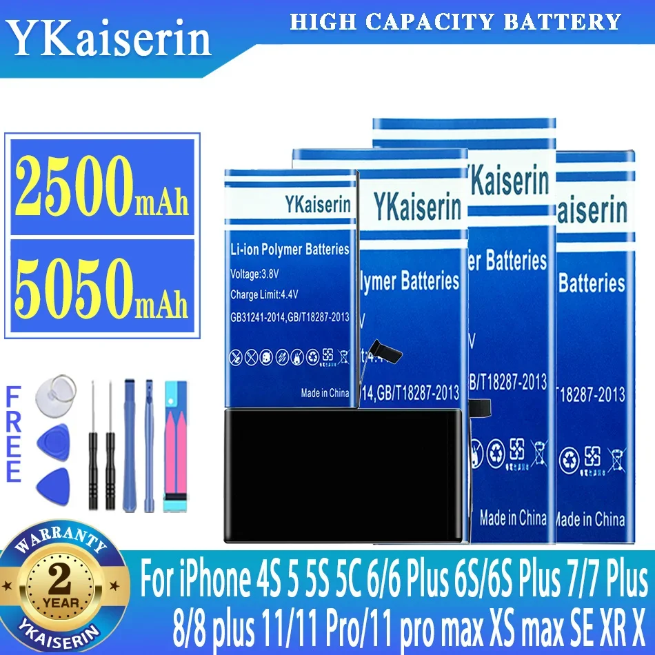 

YKaiserin High Quality Battery For Apple iPhone 5S 5C 6 6S 7 8 plus 11 Pro XS max SE XR X 6G Capacity Bateria Free Tools