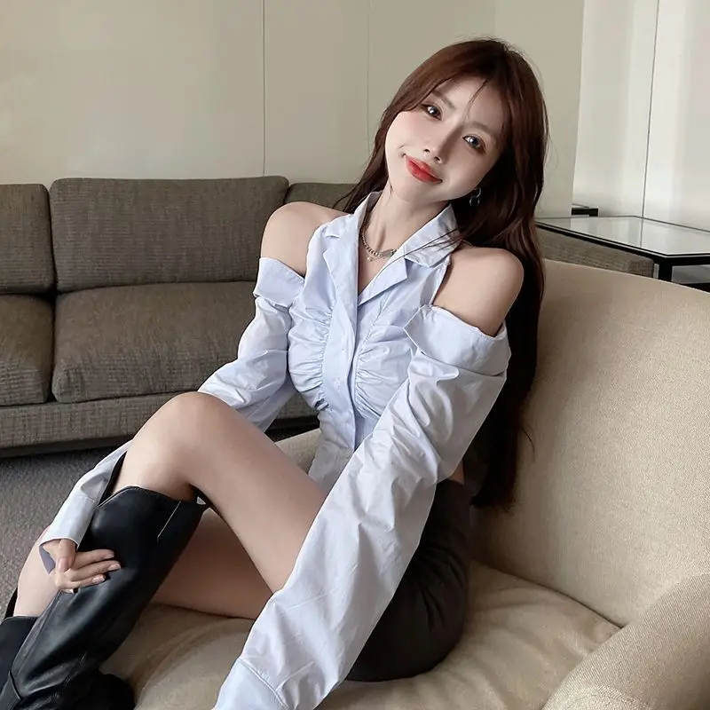 Long Sleeve Shirts Women Off Shoulder Autumn Sexy Solid Color Female\'s Hollow Out Crop Tops Casual All-match Simple Buttons-up