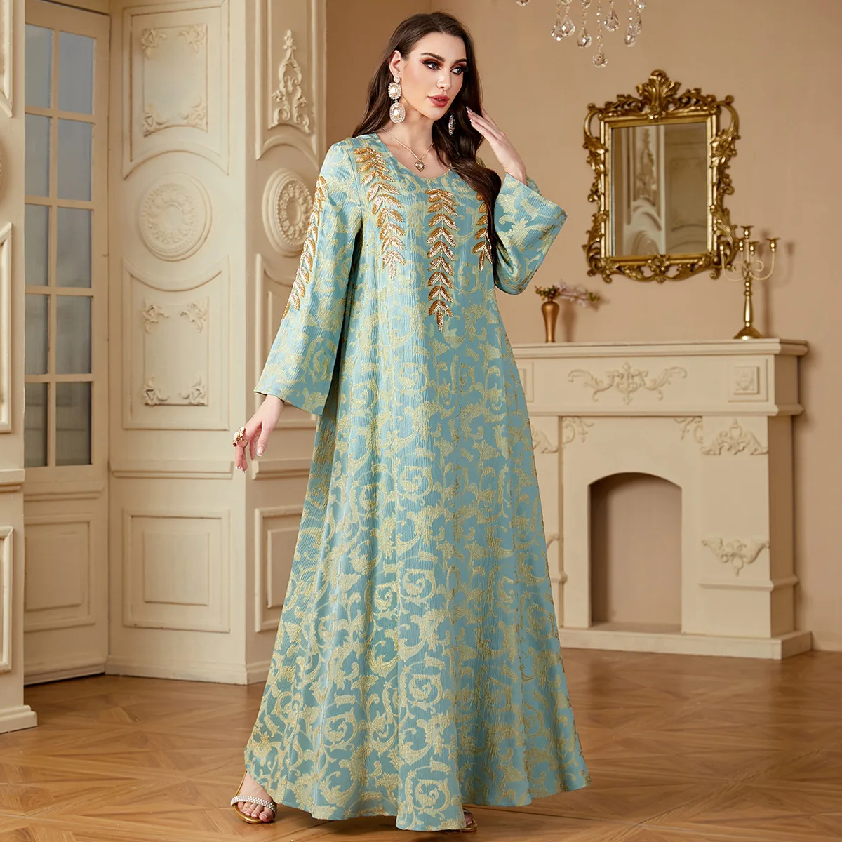 2026 European American Muslim New Fashion Women Green Elegant Loose Embroidered Long Sleeve Embroidered Abaya Clothes Jalabiya