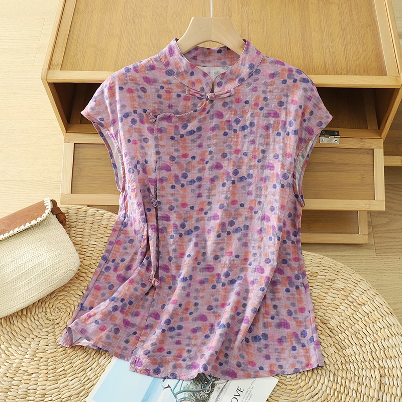 Csa sin Mangas de Lino y Aodón con Estampado Floral de Verano, Estilo Deado, Abotonada, Blusa Hoada para Mujer, Cuel...