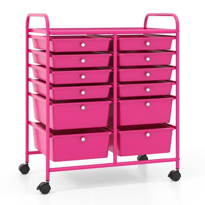 

12-Drawer Rolling Storage Cart with Removable Drawers and Lockable Wheels-Rose Red