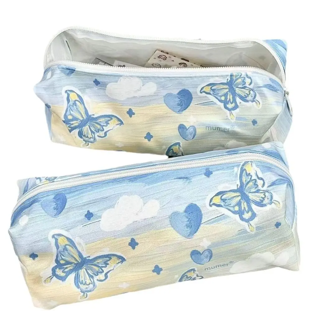 Multi-functional Canvas Pen Bag Oil Painting Series Large Capacity Pencil Case Blue Butterfly Stationery Organizer School Office