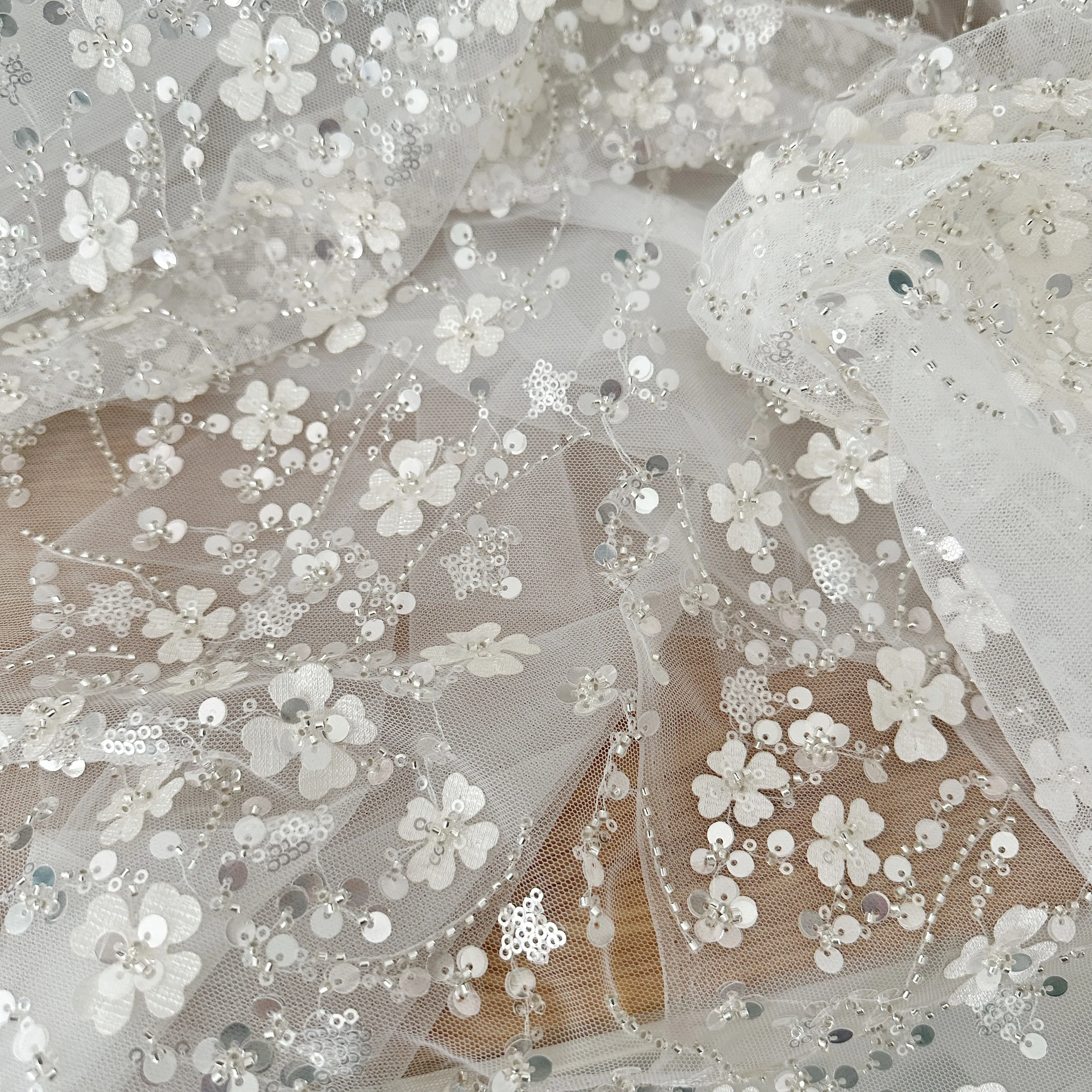 Four-leaf Clover Laser Cut Lace Fabric with Crystal Beads Sequins Embroidered Mesh Wedding Dress Fabric