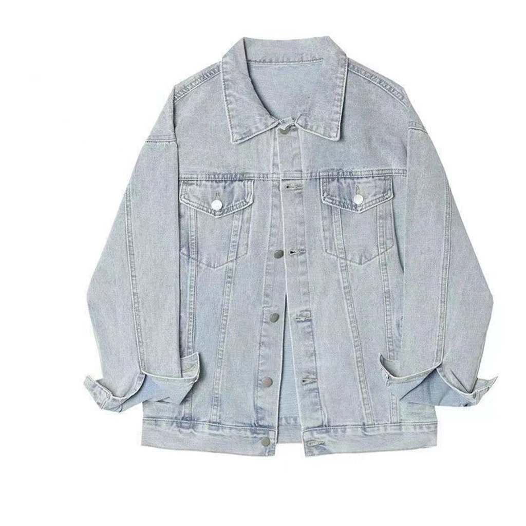 Kpop Women's Denim Jackets Fashion Female Casual Long Sleeve Lapel Button Down Chest Pocket Slim Jacket Fall Winter Coat