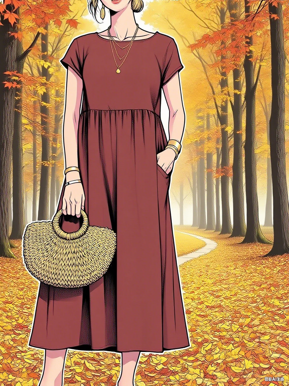 

Vintage pure-color mid-length dress, casual short-sleeved cotton and linen blended dress with an oversized Harajuku style, women