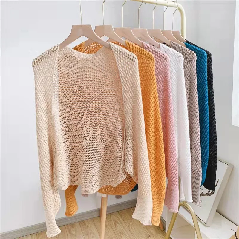 Summer Knitted Cardigan Cardigan lazy loose Hollow soild color long-sleeved air-conditioned shirt Cropped Sweter Cardigan