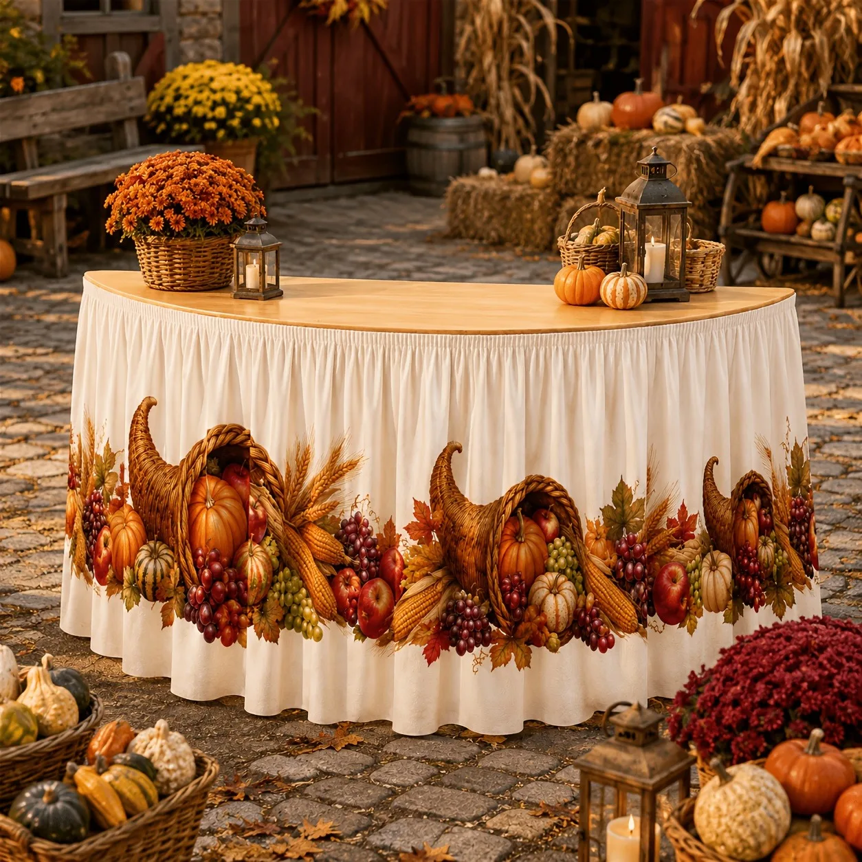 Tablecloth, table skirt, basket, pumpkin, apple, grape, wheat, birch leaves, harvest printed table cover, Thanksgiving Day