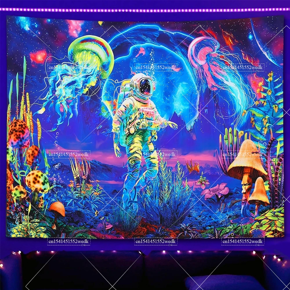 Blacklight Astronaut Tapestry UV Reactive Mushroom Neon Fluorescent Tapestrys Glow In The Dark Galaxy Landscape Wall Tapestry