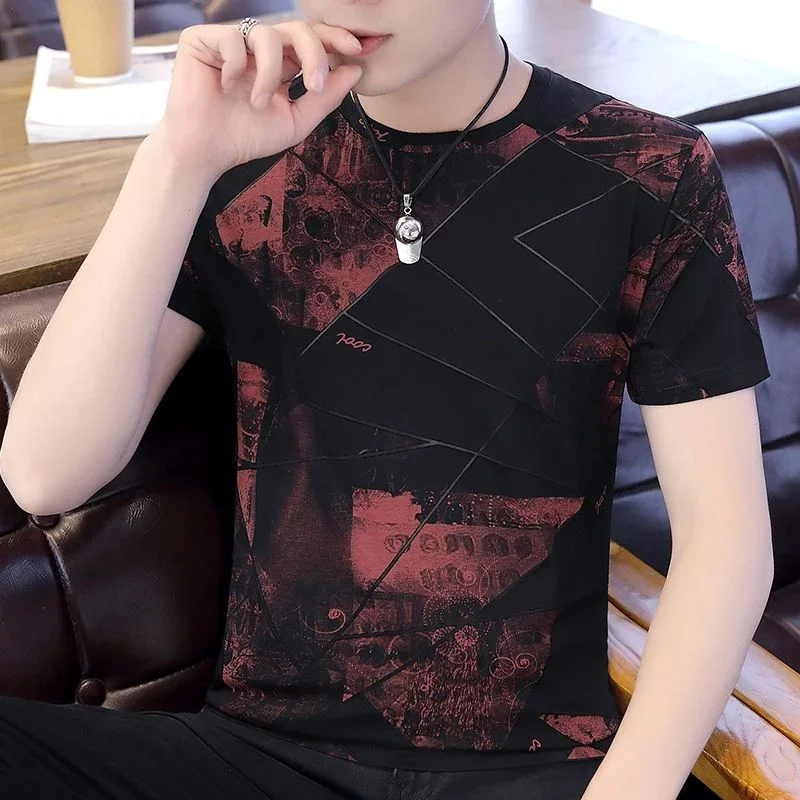 Man Tee Shirts Print Streetwear Graphic Top V Neck Clothing Slim Fit T Shirt for Men Red Casual New in High Quality Xl Wholesale