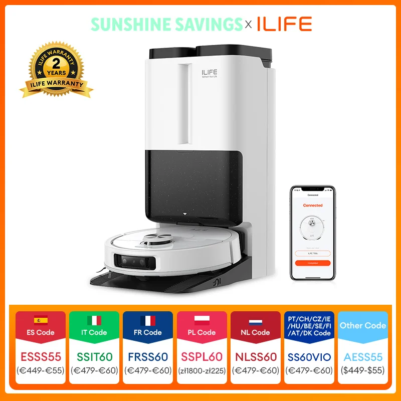 Robot aspirateur ILIFE T60s avec station autonome pour séchage à air chaud, collecte des cheveux, lavage automatique, IA et LDS, levage automatique du balai