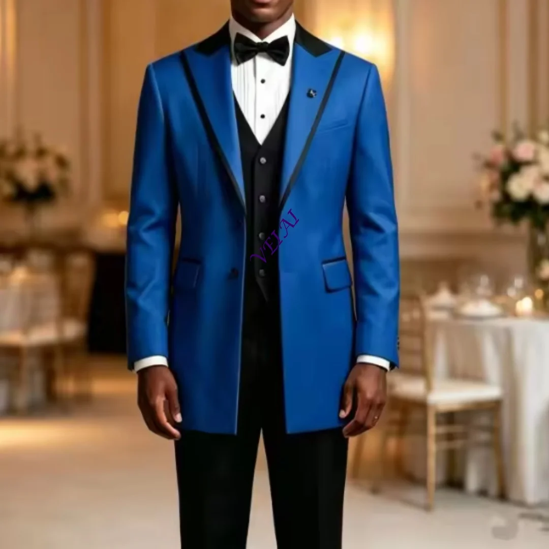 Customized Three‑Pieces Long Suits for Men Peak Lapel Formal Wedding Tuxedo Groom Suit Separates for Prom Evening Blazer Vest Pa