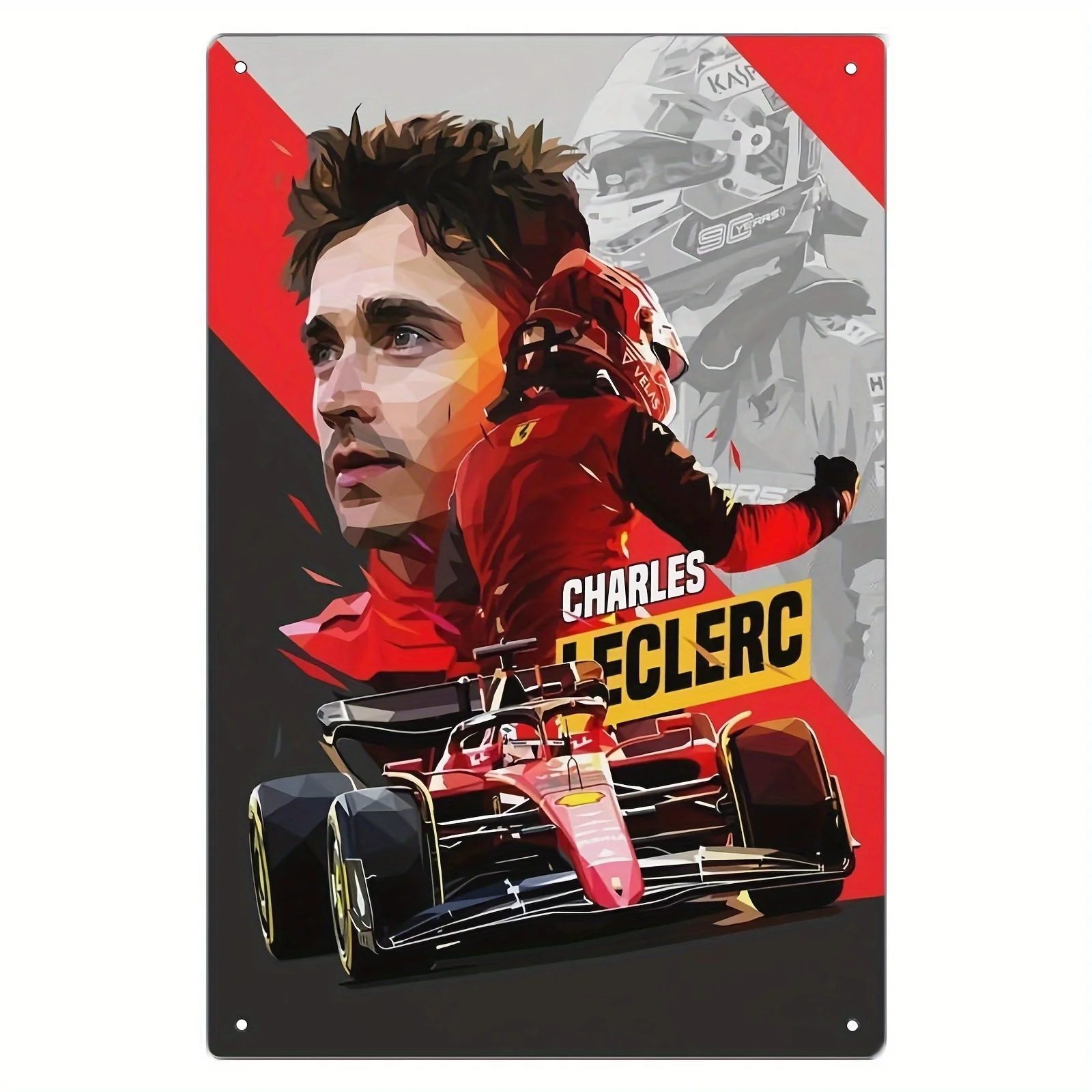 Charles Leclerc Formula Racing Metal Wall Art -  HD Print, Vibrant Red Car & Driver Portrait, Durable Decor for Bed