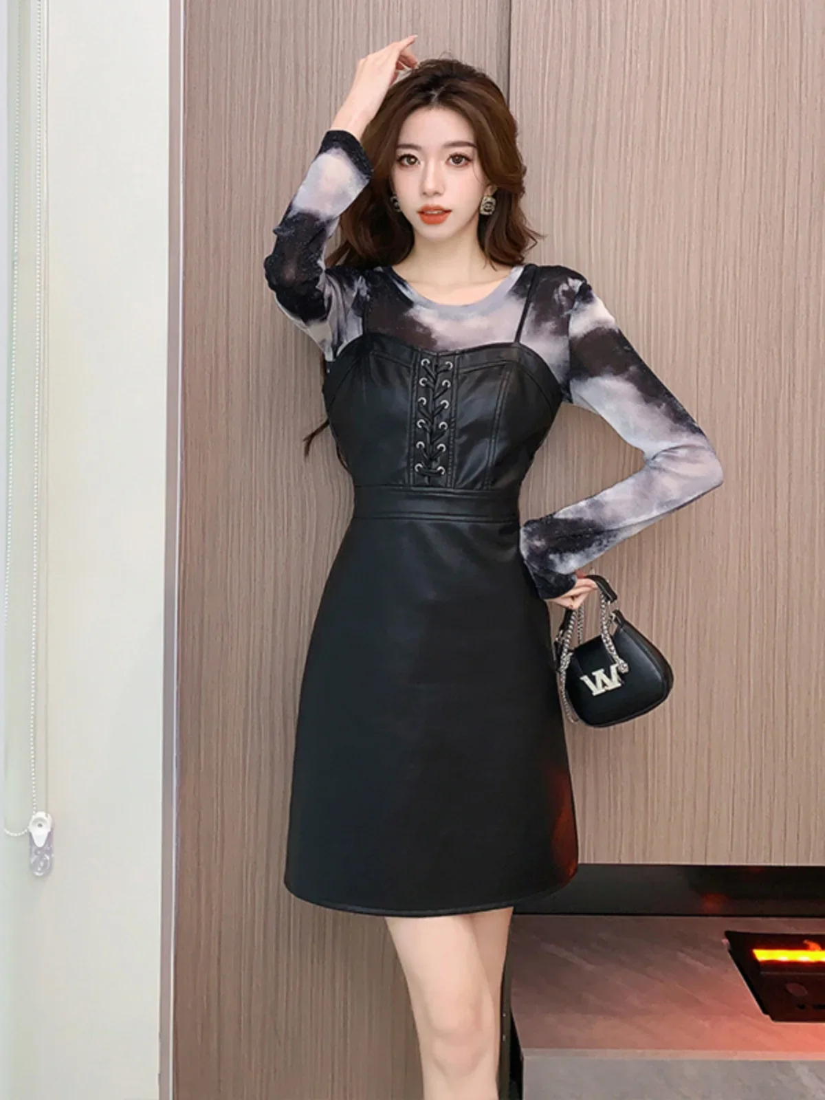 2 Pieces Set 2023 Winter Fall Lace Up High Waisted Black Pu Leather Dress , Woman Spring Printed Shirt Draw String Dresses