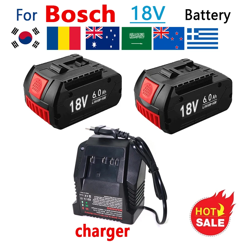 For 18V Battery Bosch 6.0Ah for Bosch Electric Drill 18V Rechargeable Li-ion Battery BAT609 BAT609G BAT618 BAT614 Charger